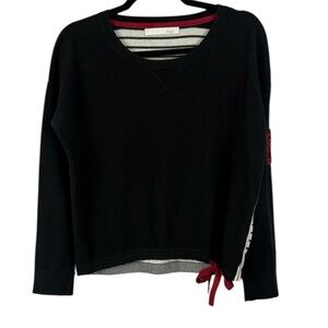 Oui Cotton Black Front Striped Black White Back Red Bow Pocket on Sleeve Top